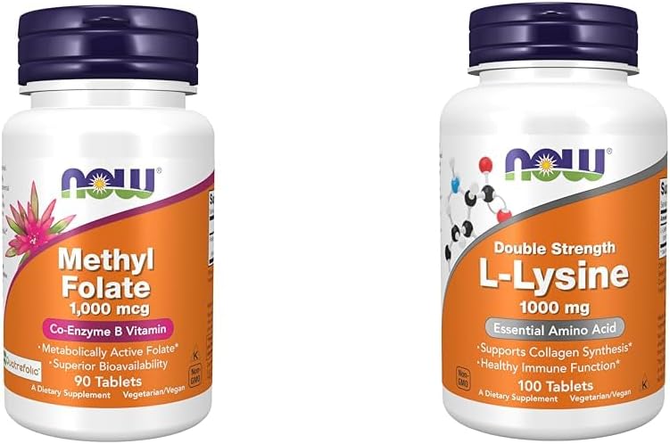 NOW Supplements, Methyl Folate 1,000 mcg, Metabolically Active Folate*, Co-Enzyme B Vitamin, 90 Tablets & Supplements, (L-Lysine Hydrochloride) 1,000 mg, Double Strength, Amino Acid, 100 Tablets