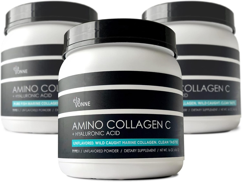(3-Pack) Amino Collagen C - Collagen Powder (180 Scoops) - Marine Collagen Peptides + Hyaluronic Acid. No Sugar. No Odor. Non GMO. USA. for Hair, Skin, Nails, Joints, & Gut Health.