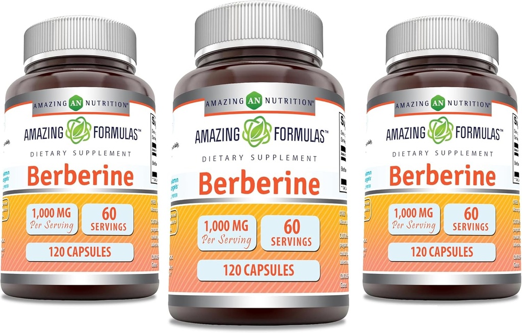 Amazing Formulas Berberine 1000mg Per Serving Capsules Supplement | Non GMO | Gluten Free | Made in USA (120 | 3 Pack)