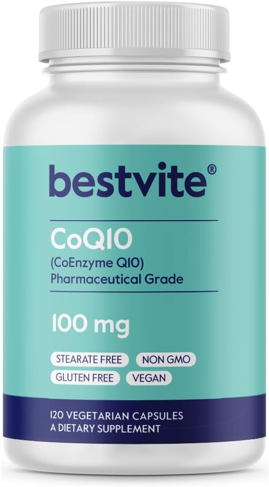 BESTVITE Coenzyme CoQ10 100mg (120 Vegetarian Capsules) Naturally Fermented - No Stearates - No Fillers - Vegan - Non GMO - Gluten Free