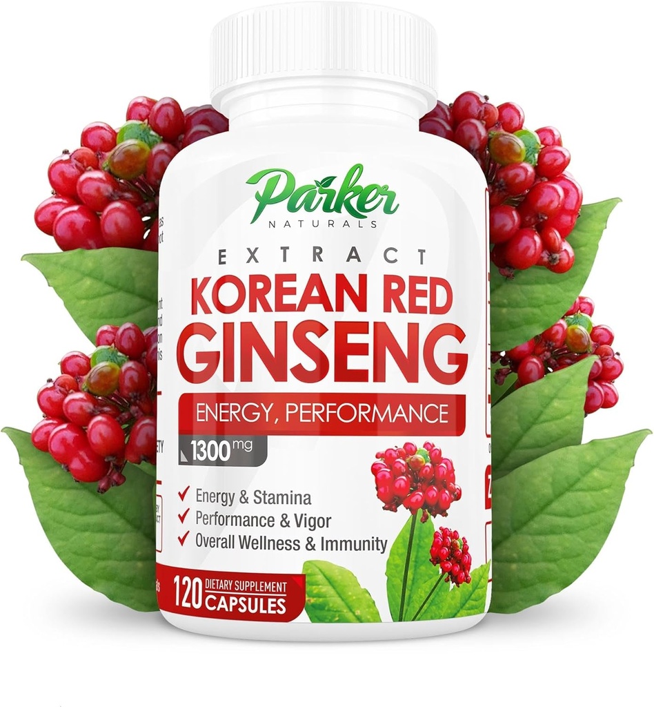 Parker Naturals Korean Red Ginseng Extract, 1300mg Extract with Ginger Root and Black Pepper, 20% Ginsenosides Red Panax Ginseng Supplement, 120 Caps