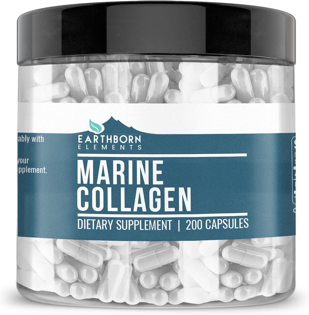 Earthborn Elements Collagen Peptides (200 Capsules) Hydrolyzed Fish Collagen, Non-GMO, Scent-Free, Bioavailable (960 mg Serving)