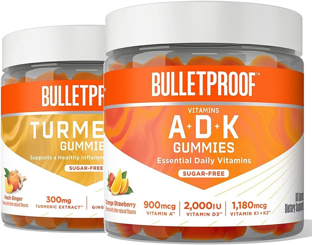 Bulletproof Vitamins A+D+K, 60 Sugar-Free Gummies, Strawberry Orange Flavor |Turmeric Sugar-Free Gummies, 60 Count, Peach Ginger