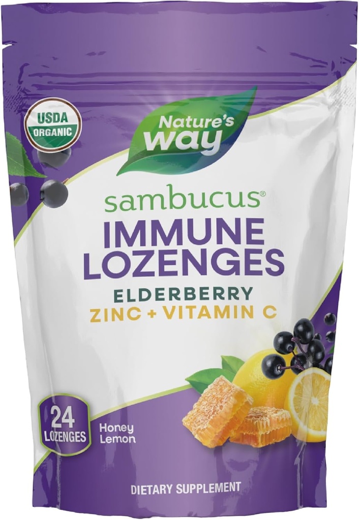Nature's Way Sambucus Immune Lozenges, Zinc, Vitamin C, Elderberry, Immune Support*, USDA Organic, Honey Lemon Flavor, 24 Lozenges (Packaging May Vary)
