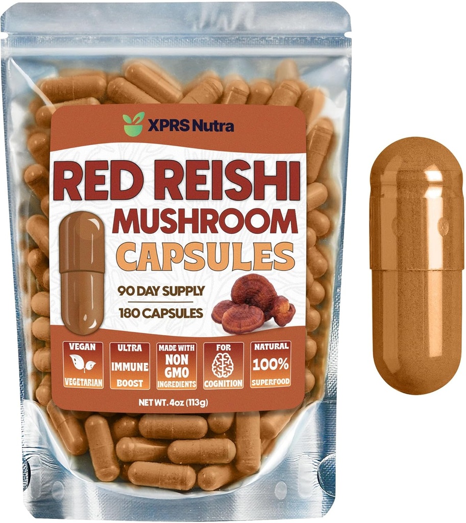 Reishi Mushroom Capsules - 180 Count Red Reishi Mushroom Capsules - 3 Month Supply Real Mushrooms Reishi Supplement Pills for Cognitive and Immune Boost - Mushroom Reishi Hongo Reishi Organico