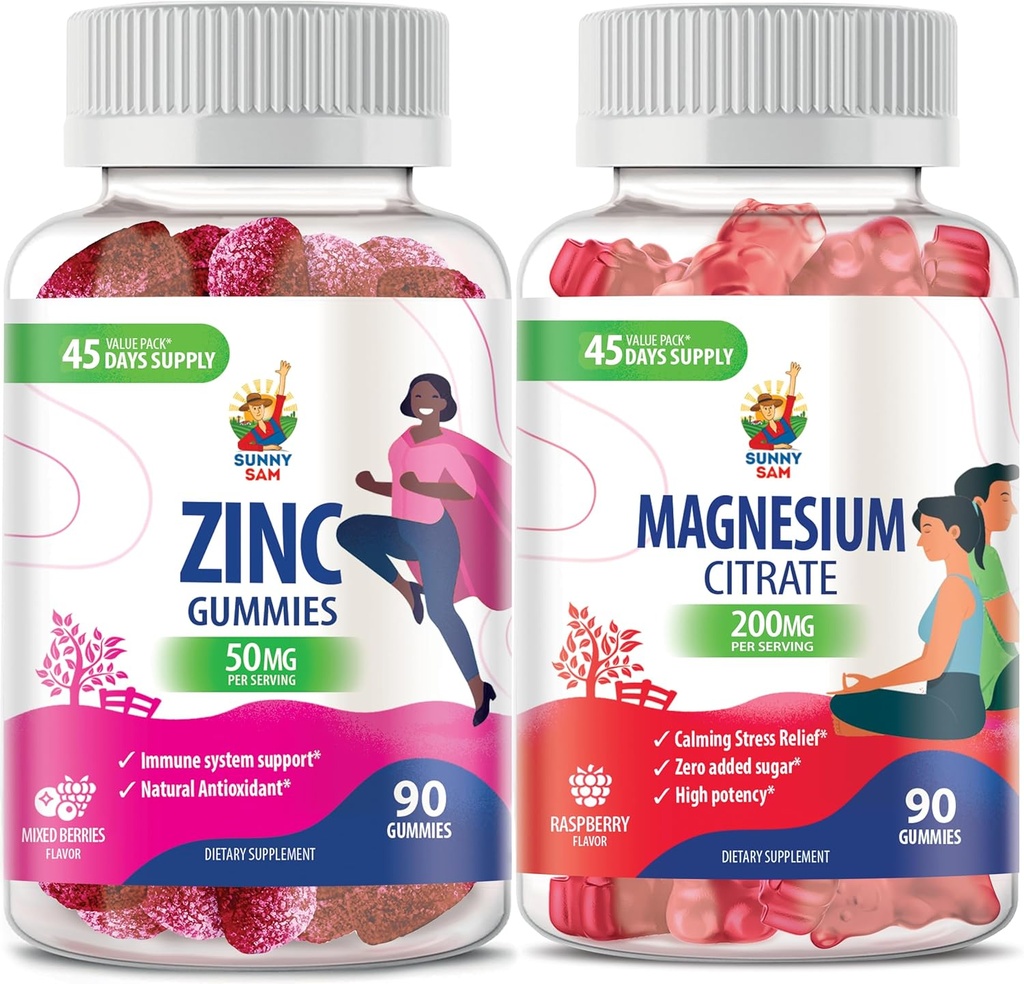 Magnesium Gummies for Adults & Zinc Gummies for Adults - Zinc Chewable Gummy for Immune Support - Powerful Natural Antioxidant Non-GMO Supplement for Children Men Woman Adults