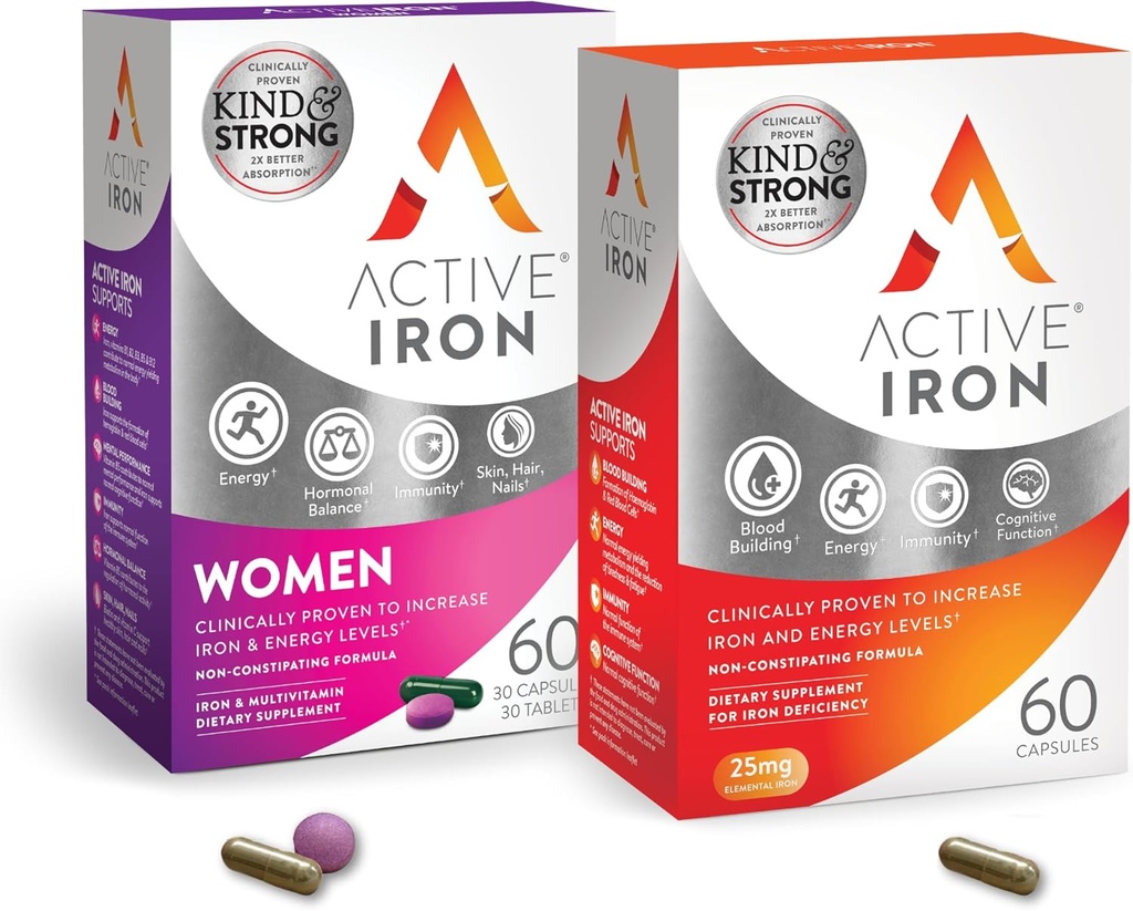 Active Iron Bundle: Women’s Non-Constipating Iron Capsules with Multivitamin & High Potency Iron Supplement for Women & Men, 2X Better Absorption, Boosts Energy & Immune System (60 Capsules)