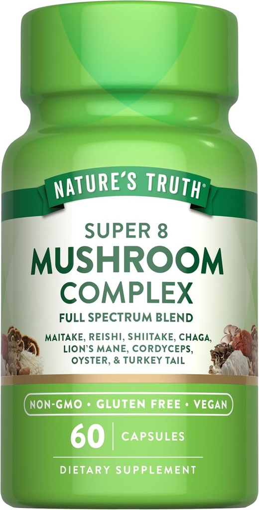 Nature's Truth Mushroom Complex Capsules | 60 Count | Full Spectrum Complex of Super 8 Mushrooms | Vegan, Non-GMO, & Gluten Free Supplement