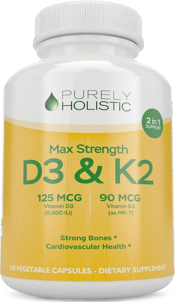 Purely Holistic Vitamin D3 125mcg and Vitamin K2 90mcg MK7-4 Month Supply 150 Vegetarian Capsules - Vitamin D3 & K2 Menaqunione - High Strength Cholecalciferol Made in The USA