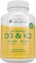 Purely Holistic Vitamin D3 125mcg and Vitamin K2 90mcg MK7-4 Month Supply 150 Vegetarian Capsules - Vitamin D3 & K2 Menaqunione - High Strength Cholecalciferol Made in The USA