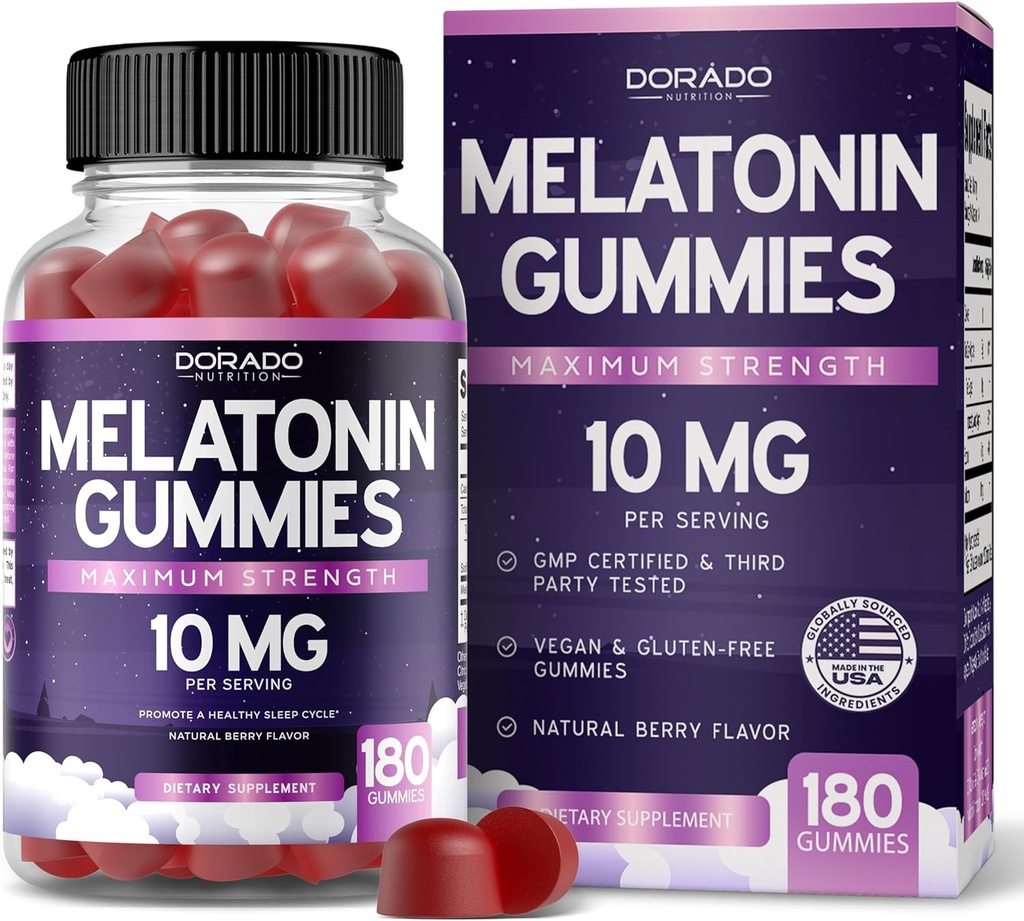 Melatonin Gummies 10mg for Adults (180 Count) - Quick Dissolve Melatonin Gummies - Gummy for Adults Contains 10mg - High Potency - Mixed Berry Flavor - Non-GMO, Vegan Supplement & Made in USA