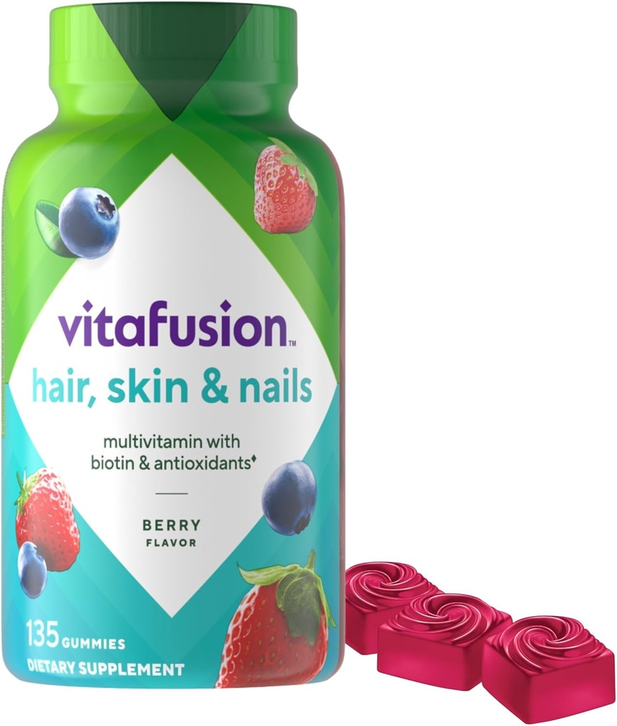 Vitafusion Gorgeous Hair, Skin & Nails Multivitamin Gummy Vitamins, plus Biotin and Antioxidant vitamins C&E, Raspberry Flavor, 135ct (45 day supply), from America’s Number One Gummy Vitamin Brand