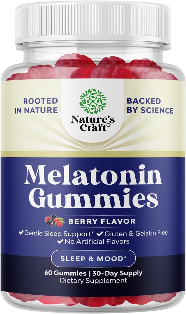 Natures Craft Melatonin 5mg Natural - Gelatin Free Melatonin Gummies 5mg Sleep Supplement for Adults - Berry Sleep Gummies for Adults Fall Asleep Faster with Natural Flavors and Colors 60ct