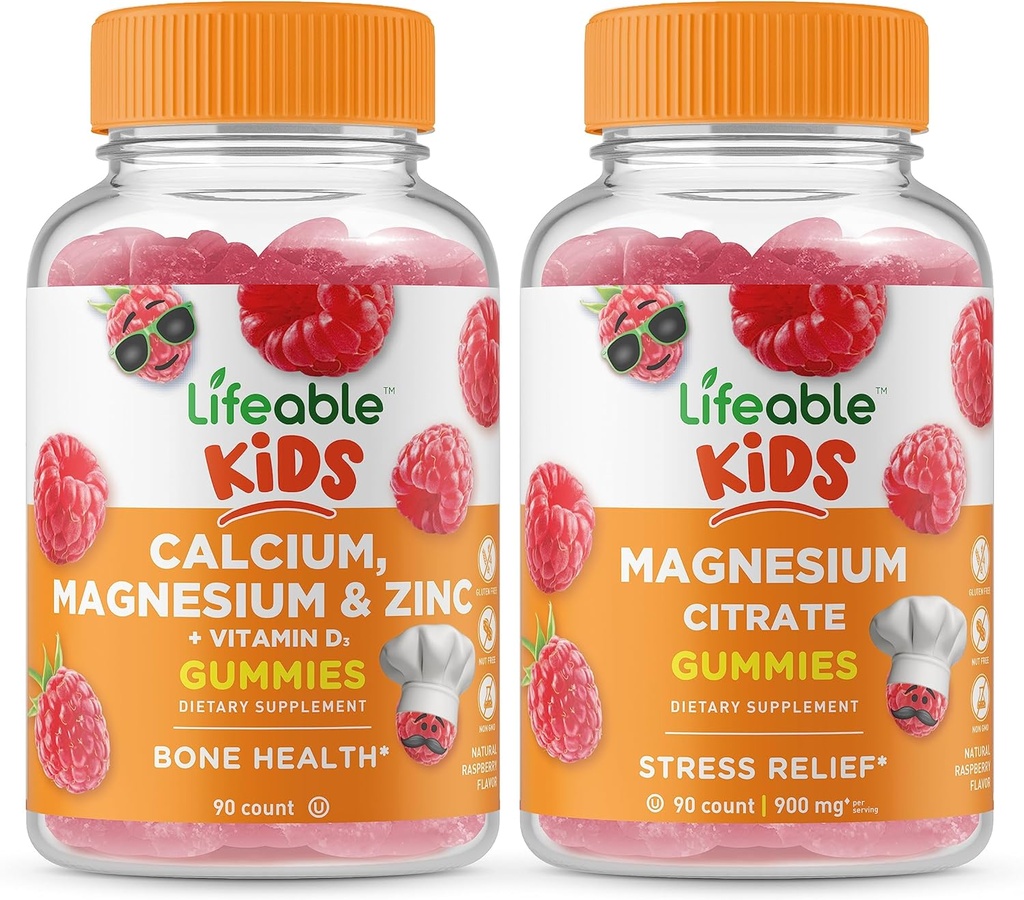Lifeable Calcium Magnesium & Zinc Kids + Magnesium Kids, Gummies Bundle - Great Tasting, Vitamin Supplement, Gluten Free, GMO Free, Chewable Gummy