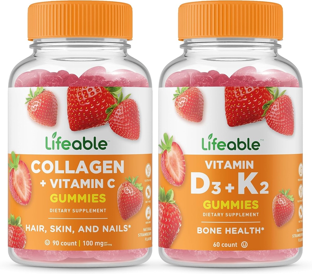 Lifeable Collagen & Vitamin C + Vitamin D3 + Vitamin K2, Gummies Bundle - Great Tasting, Vitamin Supplement, Gluten Free, GMO Free, Chewable Gummy