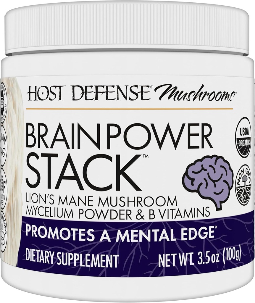 Host Defense BrainPower Stack Powder - Targeted Brain Support Supplement - Powder Mushroom Supplement with Lion's Mane, Niacin (B3) & Vitamin B12 - Herbal Brain Support - 100g (66 Servings)*