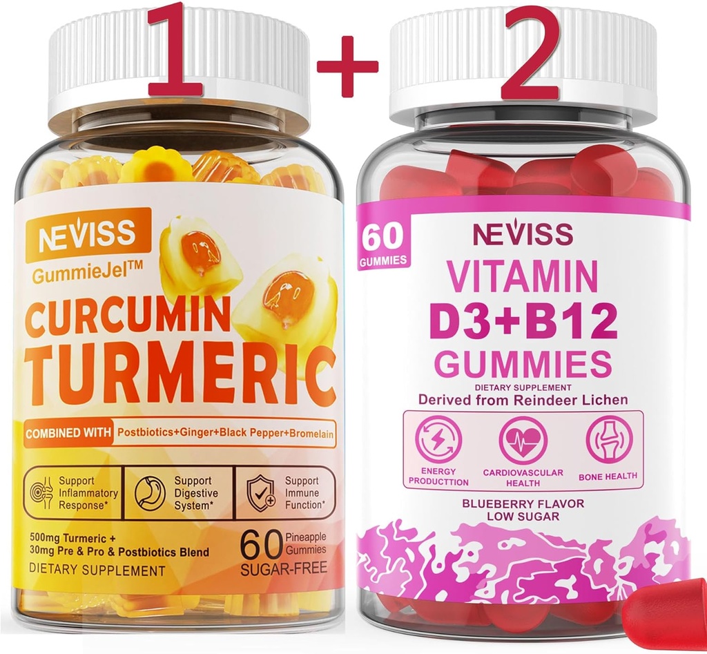 3 Pack Turmeric Curcumin + Vitamin D3 & B12 Gummies, Vegan