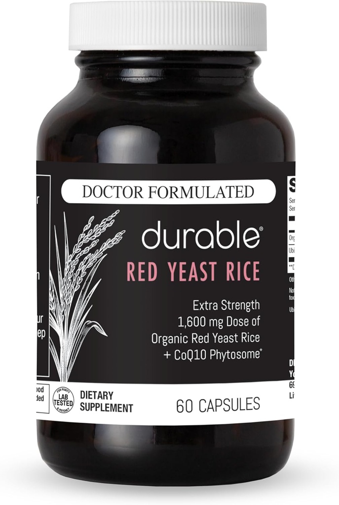 Durable RED Yeast Rice – Organic 1,600 mg Extra Strength + CoQ10 Phytosome – Supports Healthy Cholesterol, Heart, Lipids & Circulation – Doctor Formulated, Non-GMO, Vegan, Made in USA (60 Capsules).