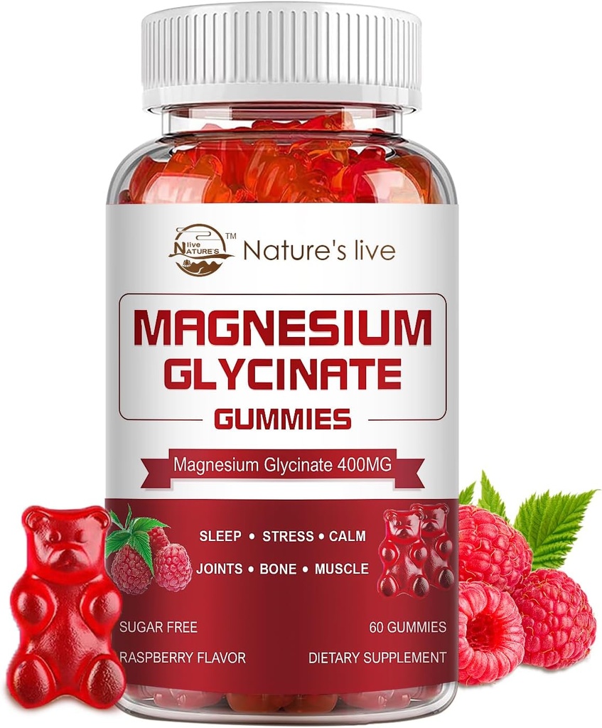 Magnesium Glycinate Gummies, Sugar Free Magnesium Supplement with Magnesium Glycinate 400mg, Magnesium L-Threonate 200mg for Calm Mood, Muscle, Bone & Sleep for Adults, 60 Raspberry Gummies