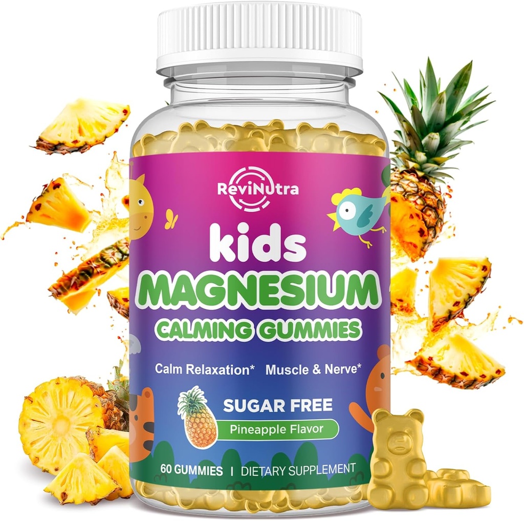Kids Magnesium Gummies, Magnesium Glycinate Gummies for Kids & Adults with L-Theanine, Chamomile, Licorice, Vitamin D, B6 for Sleep, Relaxation, Brain & Muscle, Sugar Free Pineapple 60ct