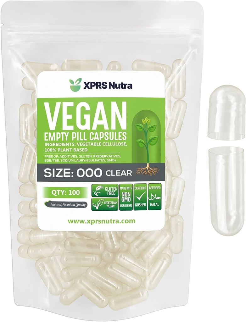 XPRS Nutra Vegan Size 000 Empty Capsules - 100 Count Clear Empty Vegan Capsules - Vegetarian Pill - DIY Vegetable Capsule Filling - Veggie Caps Pills