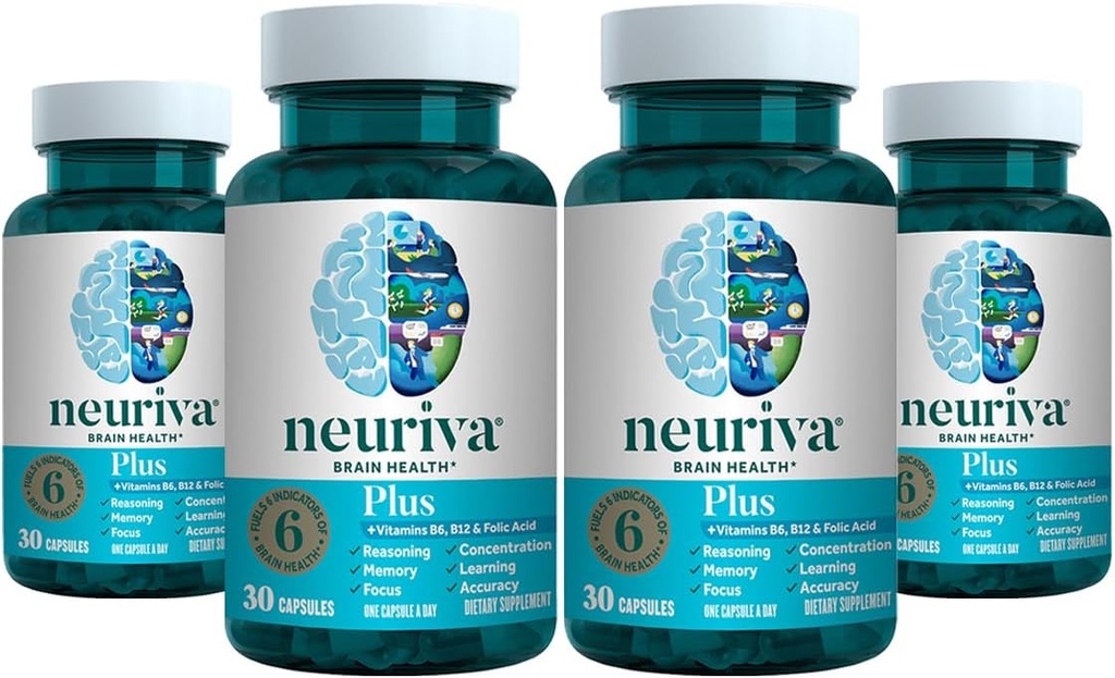 NEURIVA Plus Brain Supplement for Memory, Focus & Concentration + Cognitive Function with Clinically Tested Nootropics Phosphatidylserine and Neurofactor, VIT B6 & B12, 30 Count Capsules (4 Pack)
