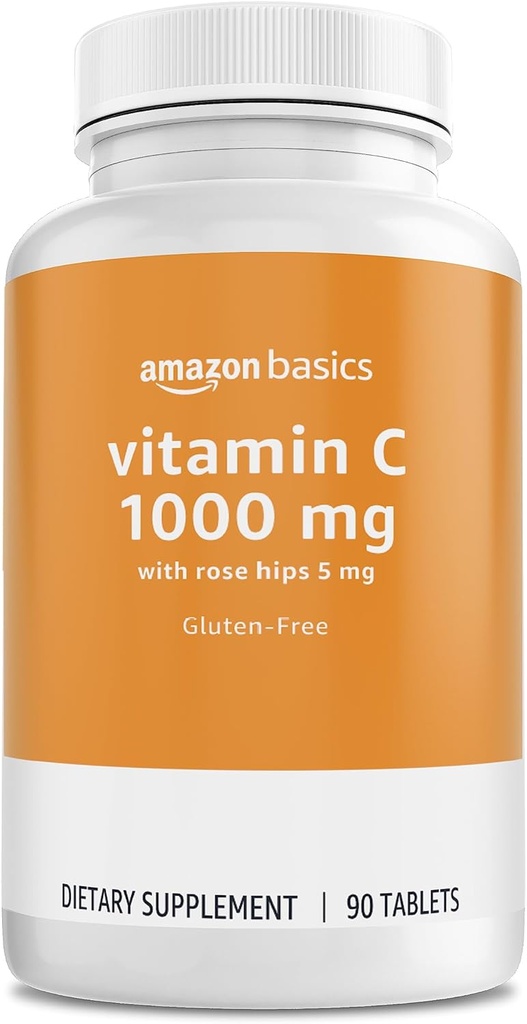 Amazon Basics - Vitamin C, 1000 mg with Rose Hips 5mg, 90 tablets (1 per serving), Gluten Free
