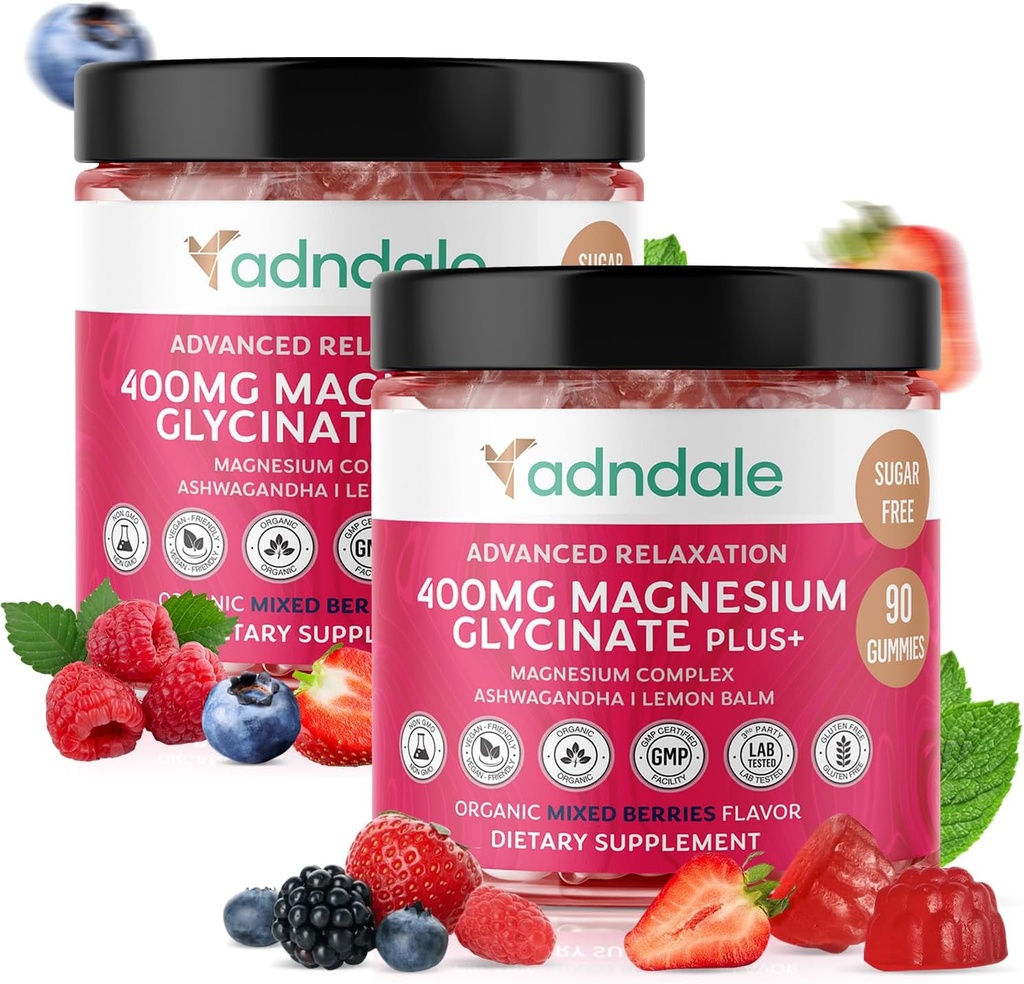 Adndale 180 CT Magnesium Glycinate Gummies 400 mg/Serv, with Ashwagandha, Magnesium Malate & Taurate, Sugar Free Chews for Adults & Kids.
