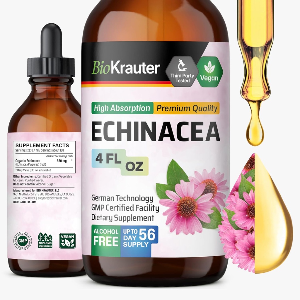 BIO KRAUTER Echinacea Drops - Natural Immune Support - Echinacea Tincture Supplement - Vegan, Alcohol & Sugar Free Drops - 4 Fl.Oz.