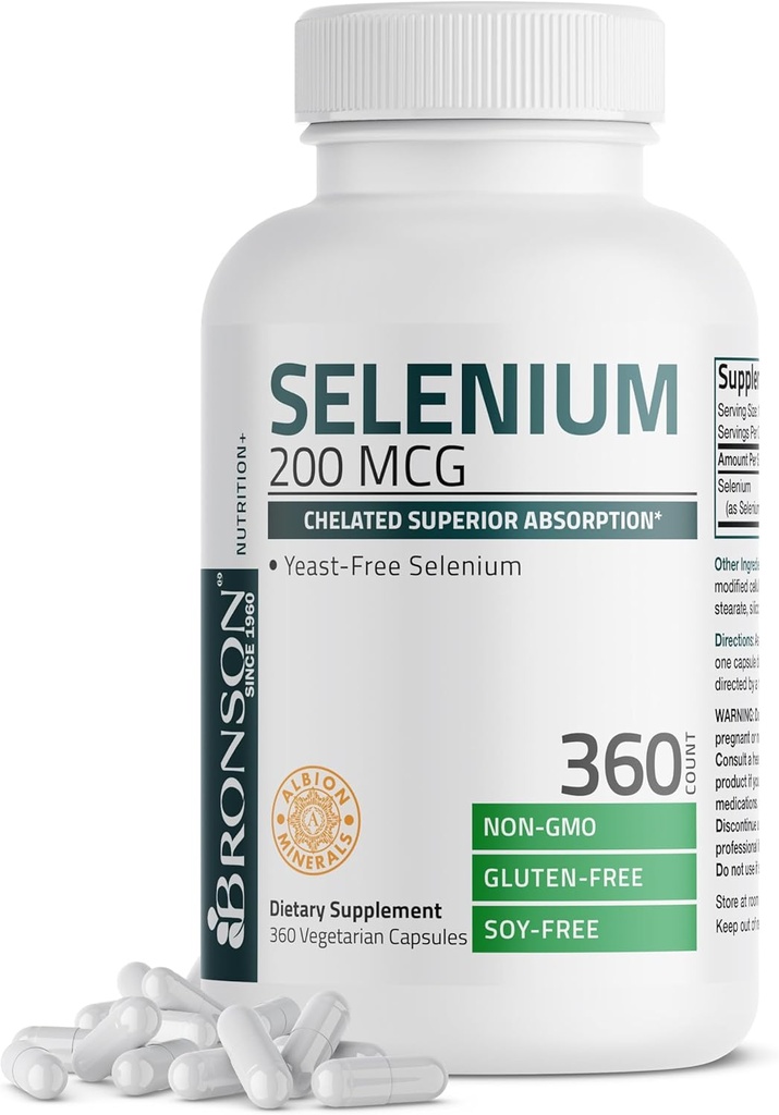 Bronson Selenium 200 mcg – Yeast Free Chelated Amino Acid Complex - Essential Trace Mineral with Superior Absorption, 360 Vegetarian Capsules