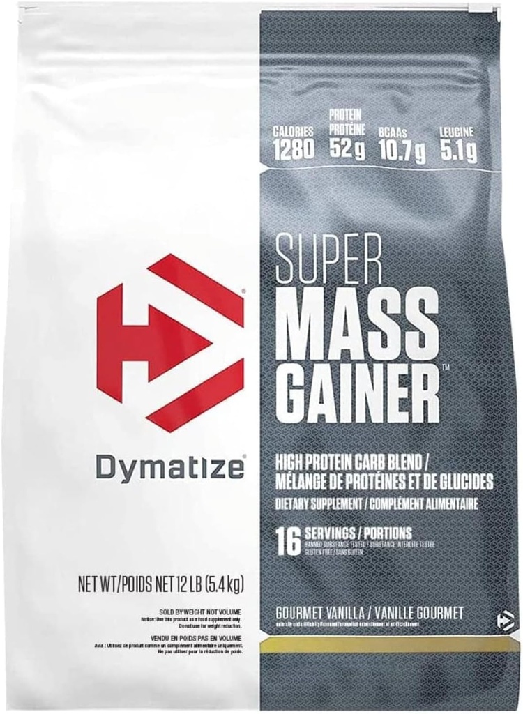 Dymatize Super Mass Gainer Protein Powder, Gourmet Vanilla, 52g Protein, 1g Creatine, 1280 Calories, 10.7g BCAAs, 245g Carbs, Contains Whey Protein, Isolate, and Casein (16 Servings)