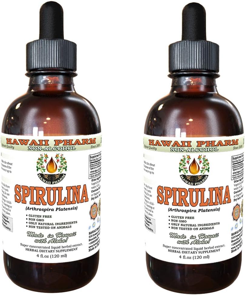 Spirulina Alcohol-Free Liquid Extract, Organic Spirulina (Arthrospira platensis) Dried Algae Glycerite Natural Herbal Supplement, Hawaii Pharm, USA 2x4 fl.oz
