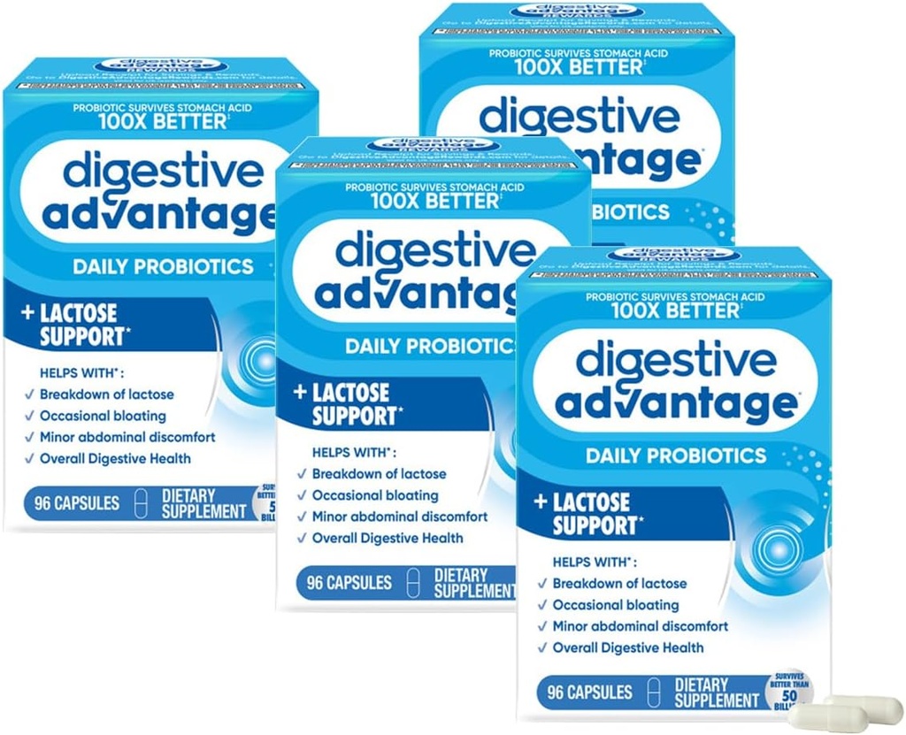 Digestive Advantage Lactose Defense Enzymes + Probiotics for Women & Men Occasional Bloating, Lactose Breakdown, Minor Abdominal Discomfort, Immune Support, 96 Count Capsules (4 Pack)