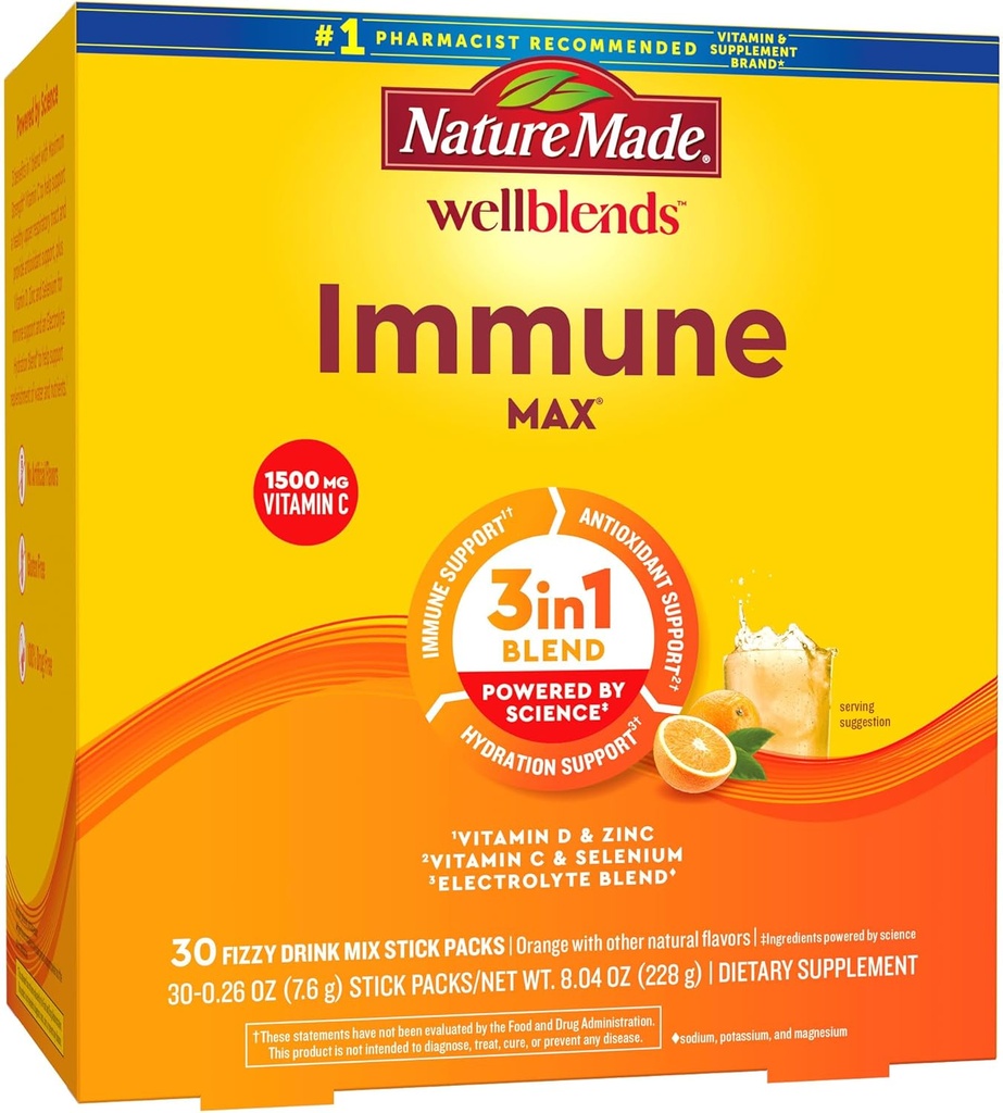 Nature Made Wellblends ImmuneMAX Fizzy Drink Mix, Vitamin C 1500mg, Zinc 15 mg, Vitamin D3 1000 IU (25 mcg), plus B Vitamins and Electrolytes Hydration Blend, 30 Stick Packs