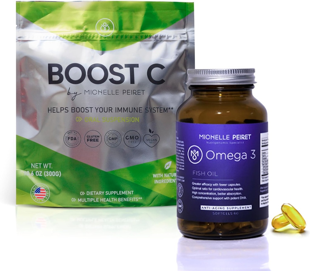 Fish Oil Softgels & Vitamin C Blend, Premium Vitamin C Powder & Omega-3 Protocol, Energy Boosting, Vegan, Gluten-Free (1-Month Supply)