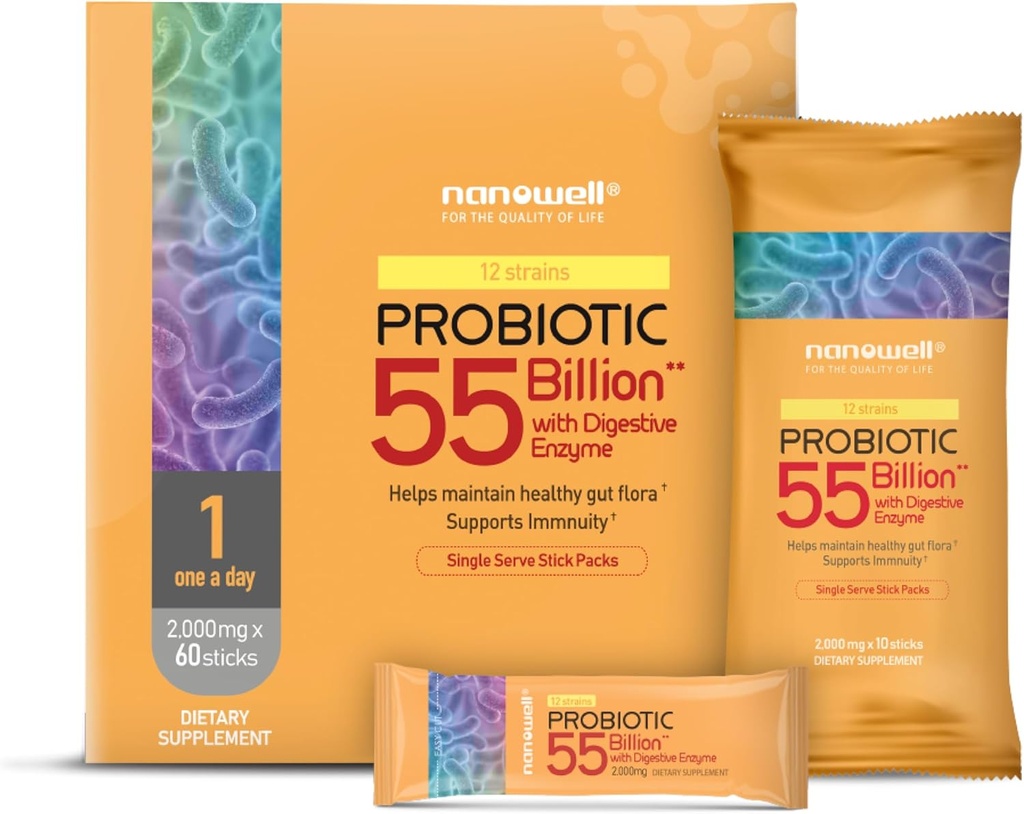 NANOWELL 12 Strains Probiotic 55 Billion CFU with Digestive Enzymes Powder - Immune Support, Gut Health, Probiotics, Prebiotics & Postbiotics - 60 Sticks, 60 Day Supply