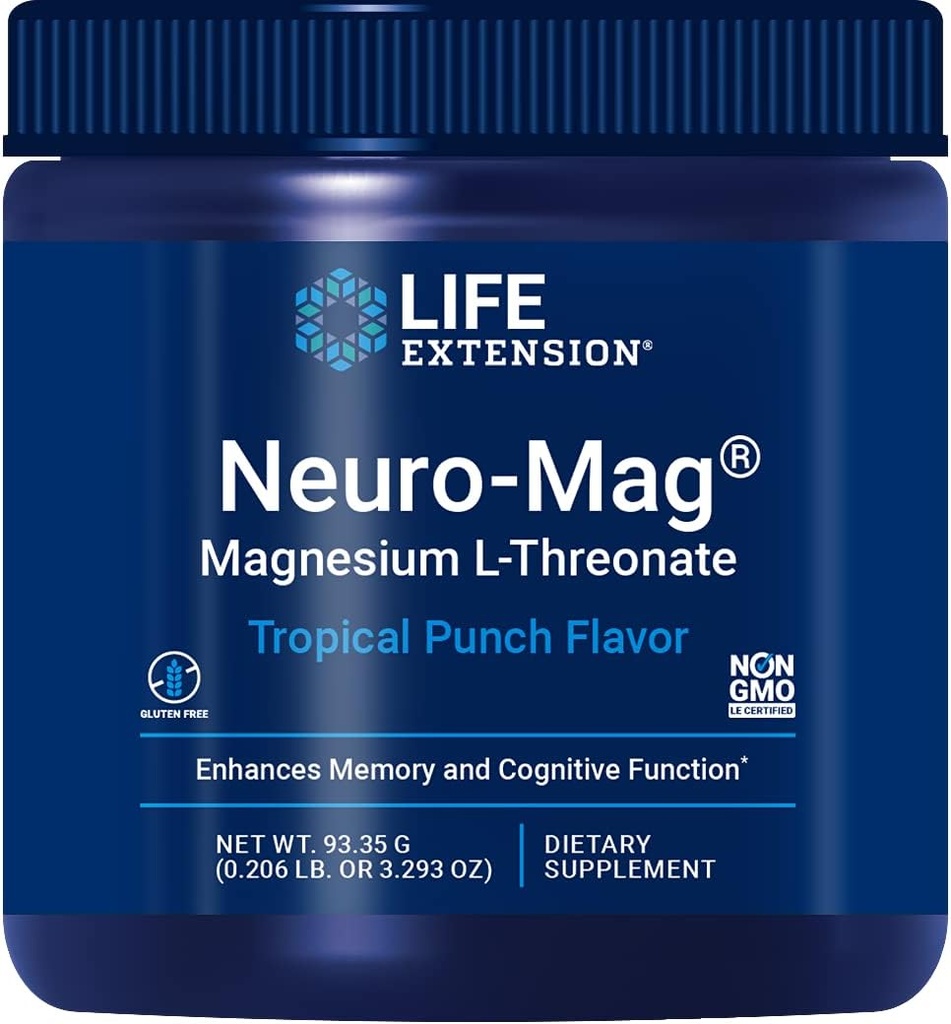 Life Extension Neuro-Mag Magnesium L-Threonate Powder Tropical Punch Flavor - 3.293 Ounce