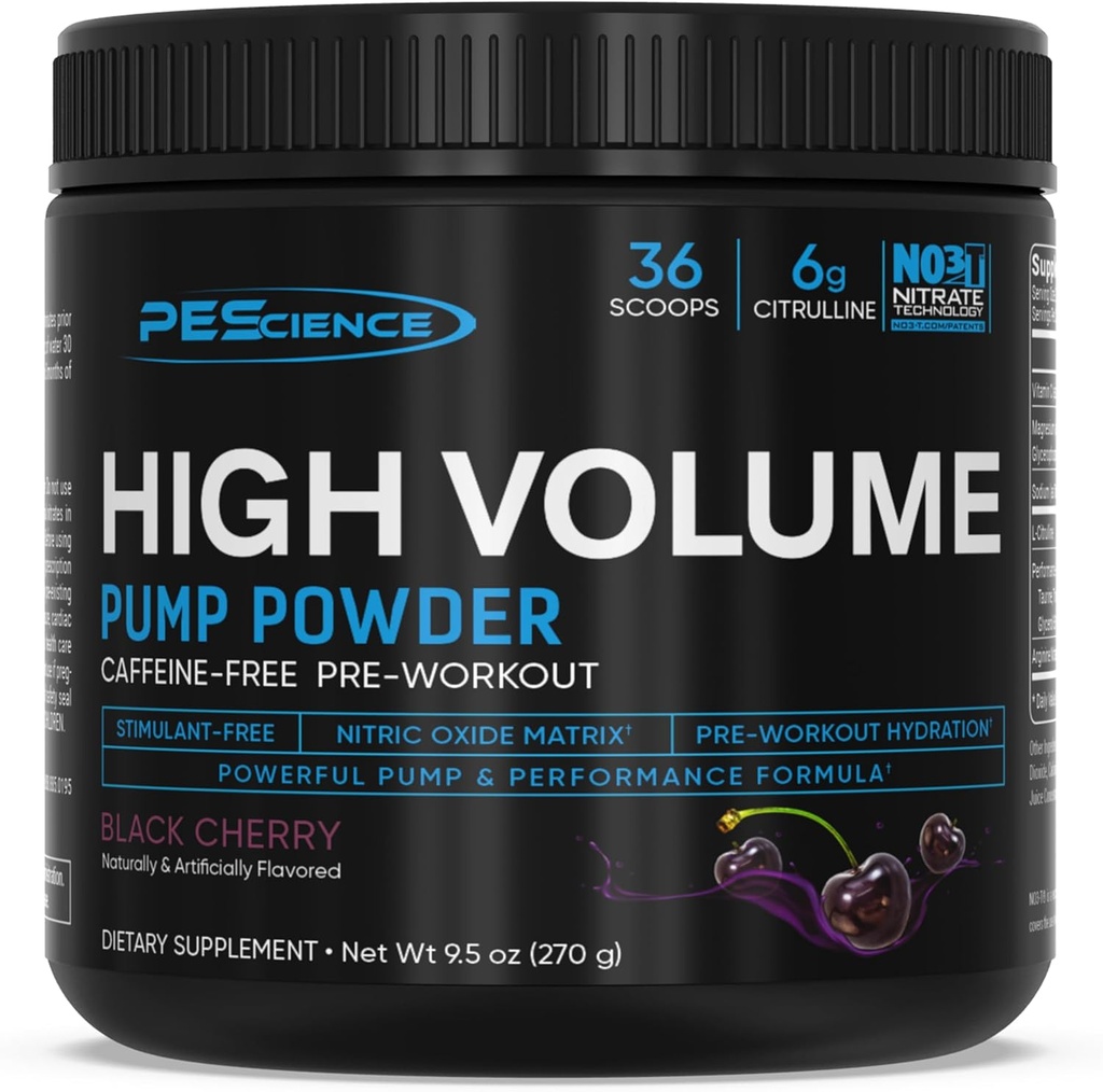 PEScience High Volume Nitric Oxide Booster Pump Pre Workout Powder, Black Cherry, 36 Scoops, Caffeine Free