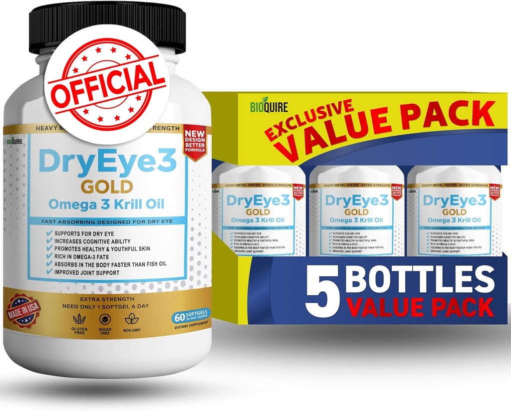 Dry Eye 3 Gold Omega 3 Krill Oil Extra Strength, 60 Softgels, Dry Eye Support, Non-GMO, Gluten Free, Sugar Free (5)