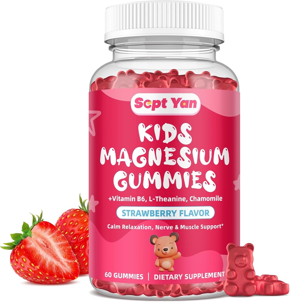Magnesium Gummies for Kids - Magnesium Citrate Supplement with Vitamin B6, L-theanine, Chamomile & Lemon Balm - Calm Magnesium for Kids & Adults Sleep, Relaxation, Strawberry Flavor 60 Gummies