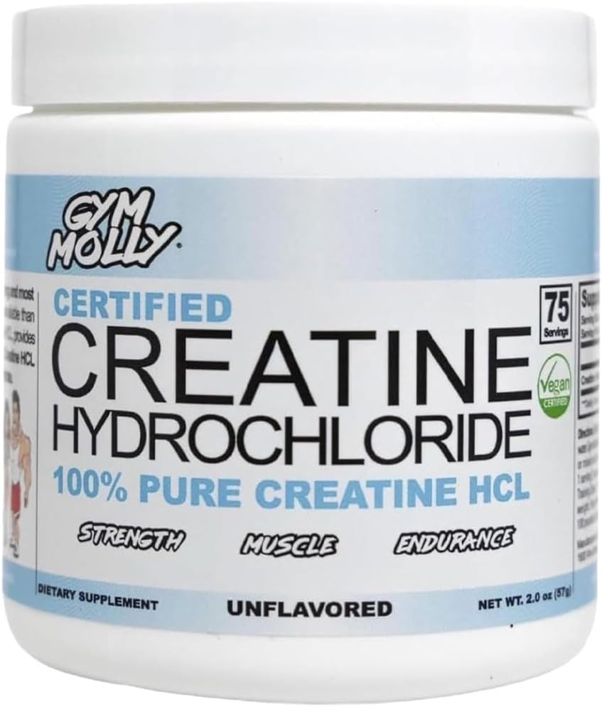 Gym Molly Creatine Hydrochloride Powder, Highly Soluble Creatine Hydrochloride, Unflavoured, Vegan, Workout Supplement for Men and Women, Muscle Builder Creatine Supplement (75 Servings, 750mg)