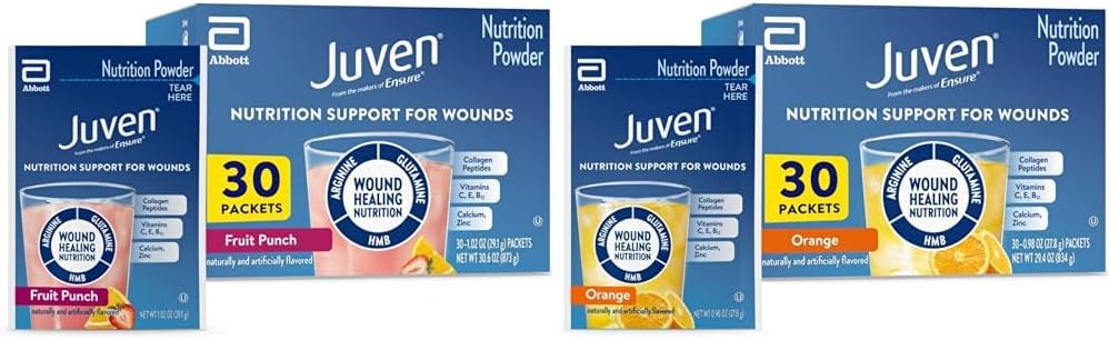Juven Therapeutic Nutrition Drink Mix Powder for Wound Healing Support, Includes Collagen Protein, Orange 30 Count & Fruit Punch 30 Count, 60 Total Packets