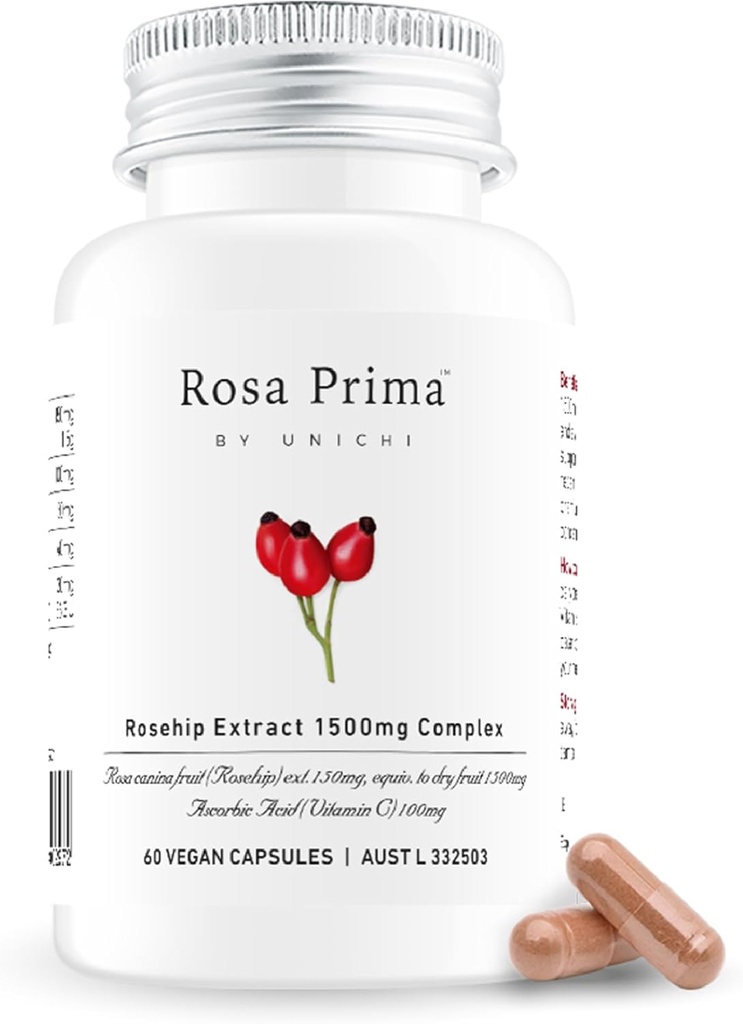 Unichi Rosehip Extract 1,500mg Complex, Collagen Formation and Skin Repair Supplement with Vitamin C&E for Glowing, Nourishing and Firming, 60 Vegan Capsules