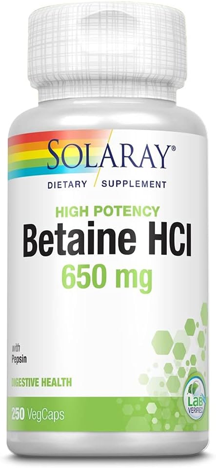Solaray Betaine HCL with Pepsin, High Potency Hydrochloric Acid Formula, Healthy Digestion Supplement, Digestive Enzymes for Gut Health Support, 60-Day Guarantee, 250 Servings, 250 VegCaps