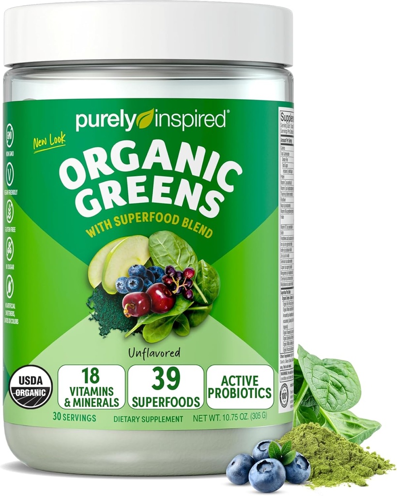Purely Inspired Organic Greens Powder Superfood Smoothie Mix, Unflavored (30 Servings) - Super Greens with Probiotics, Spirulina & Chlorella for Gut & Digestive Health - Vegan & Gluten-Free
