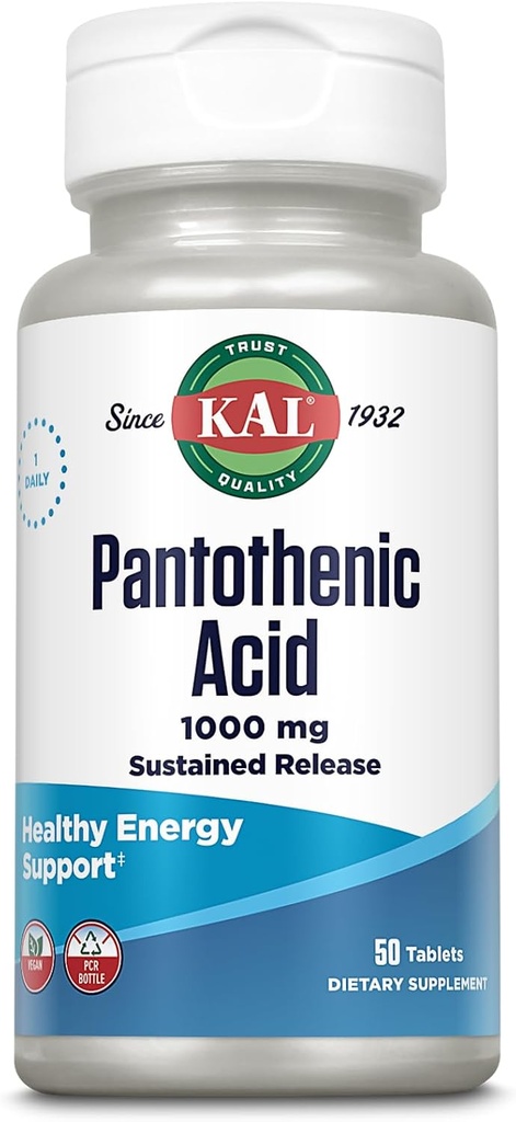 KAL Pantothenic Acid 1000mg, Sustained Release Vitamin B5 - Energy Supplements - Supports Metabolism of Carbs, Fat and Protein, Hair and Skin Health, Vegan, 60-Day Guarantee, 50 Servings, 50 Tablets