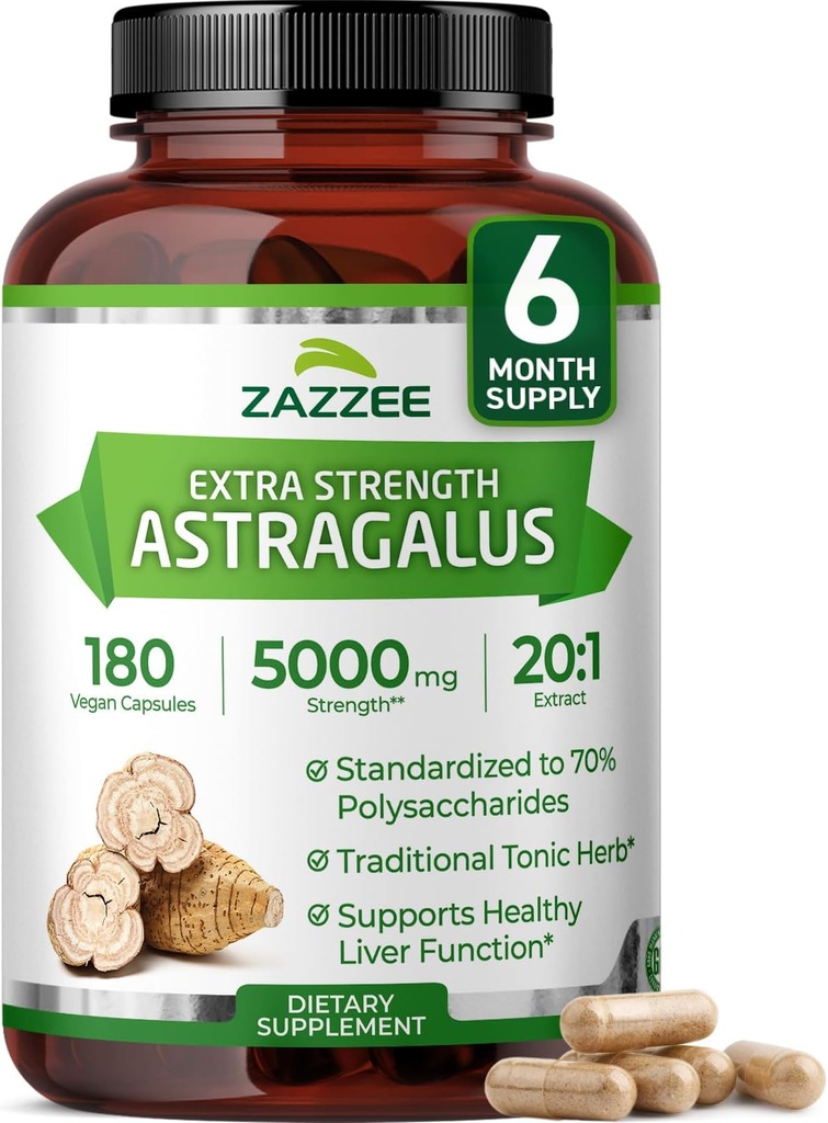 Zazzee Extra Strength Astragalus Root 20:1 Extract, 5000 mg Strength, 70% Polysaccharides, 180 Vegan Capsules, 6 Month Supply, 100% Vegetarian, Standardized and Concentrated 20X Extract, Non-GMO