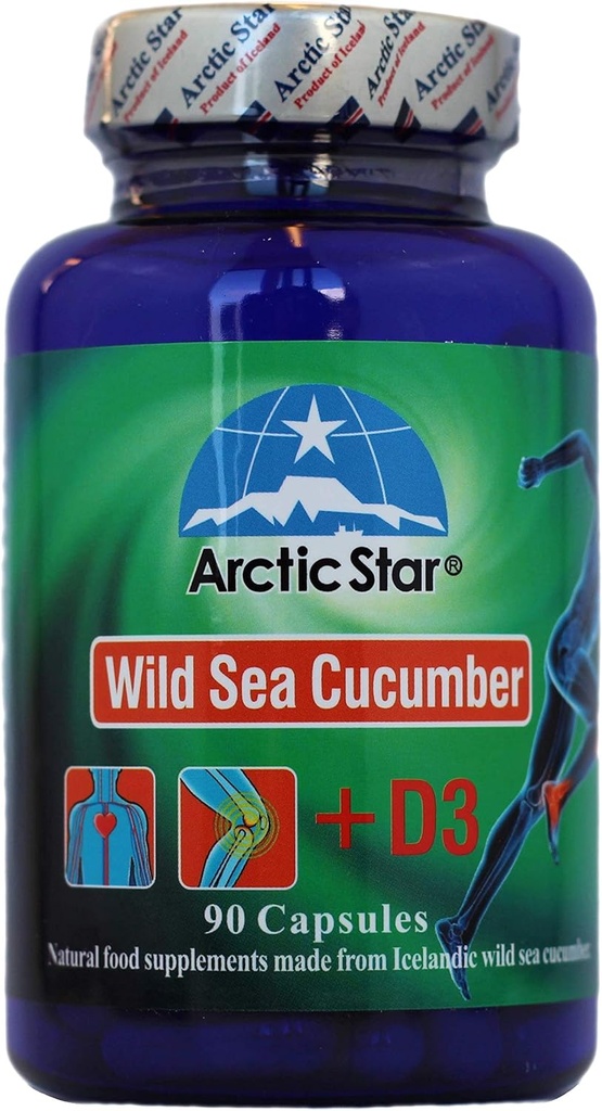 Arctic Star - Sea Cucumber with Vitamin D3 Capsules, Pure Icelandic Wild Caught Sea Cucumber Extract & D3 Supplement Pills - Cucumaria Frondosa 北极星海参+D3胶囊 (90 Capsules, 400mg) 1Bottle