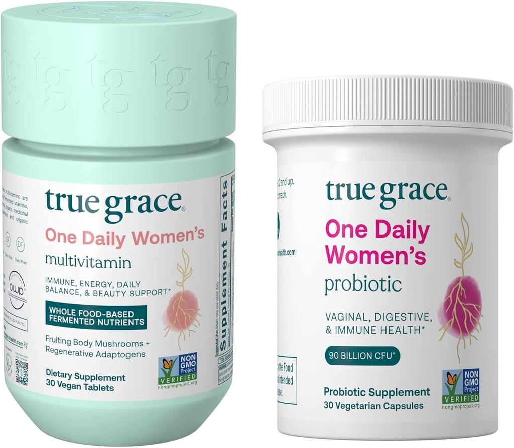 True Grace One Daily Women’s Multivitamin (30 Vegan Tablets) & One Daily Women’s Probiotic (30 Vegetarian Capsules) - Gluten Free, Soy Free, Organic - 30-Day Supply of Each