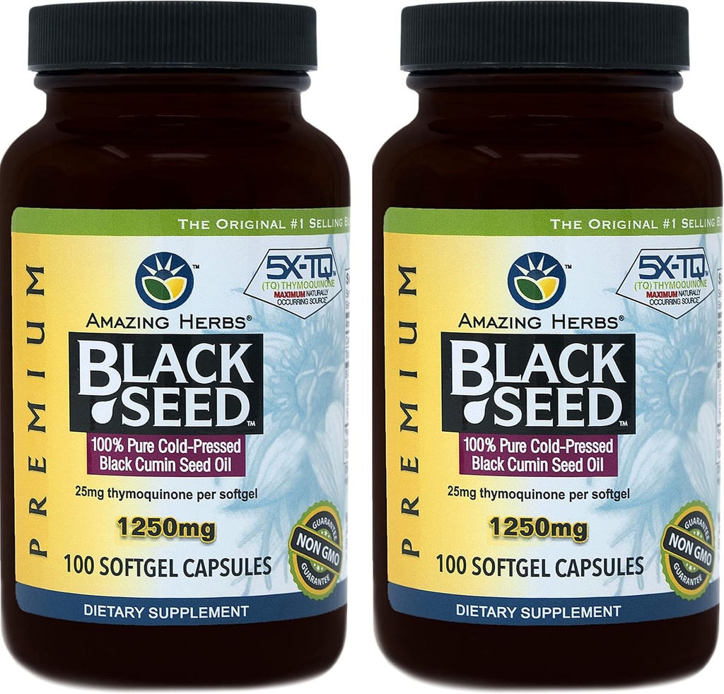 Amazing Herbs Black Seed Oil Pills 1250mg, 100 Softgel Capsules (Pack of 2)